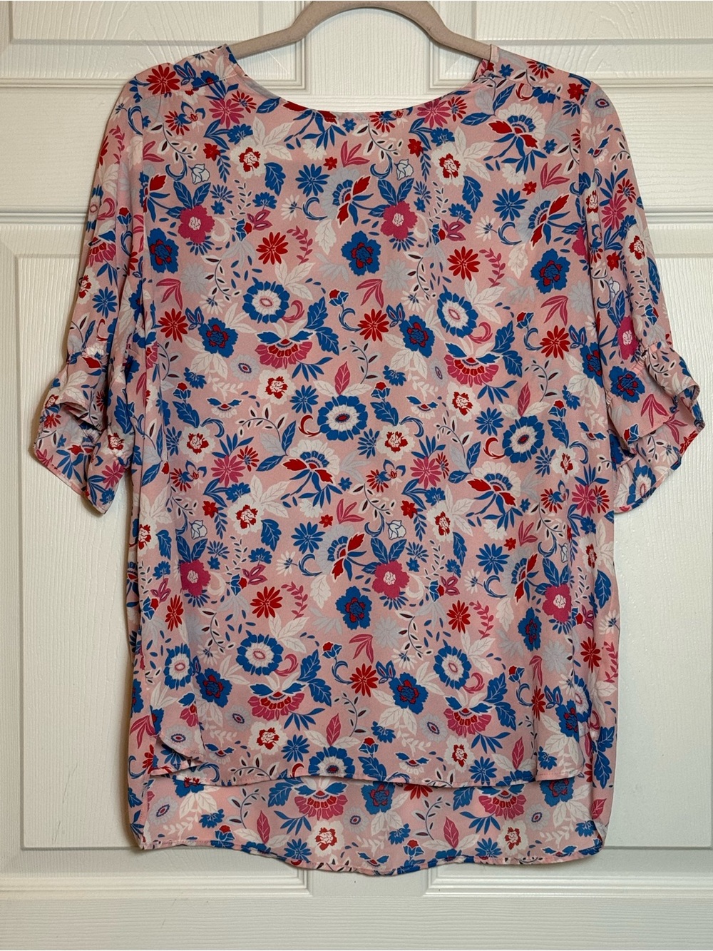 LOFT Pink Floral Short-Sleeve Blouse with Blue & Red Accents